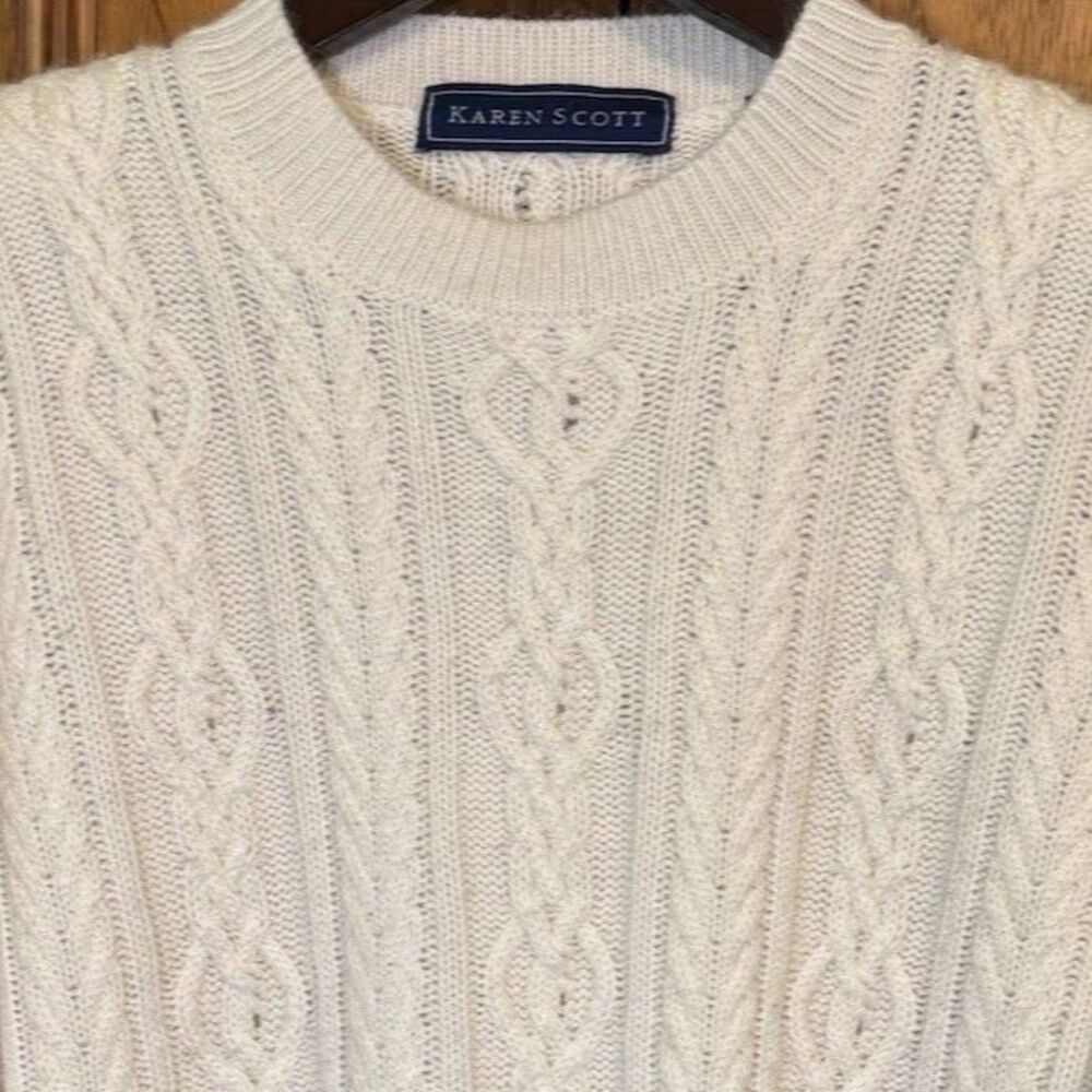 Karen Scott Cable Knit Sweater Women's L Cream Acrylic LS Crew Neck Pullover